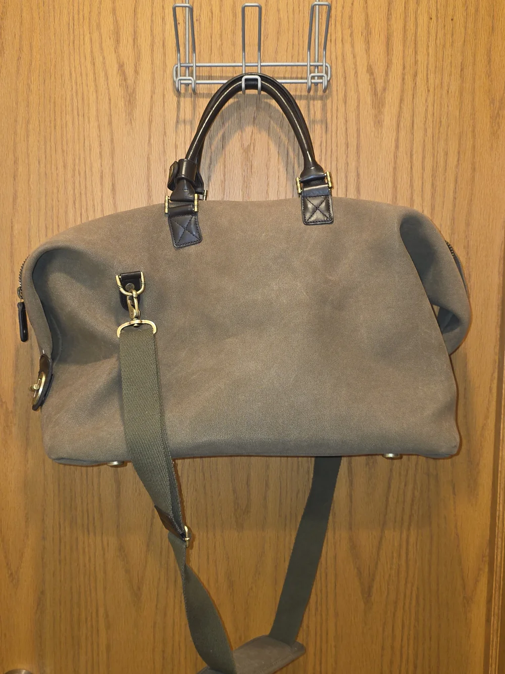 Tommy Bahama Olive Green Canvas Duffel with Dark Brown Leather Trim